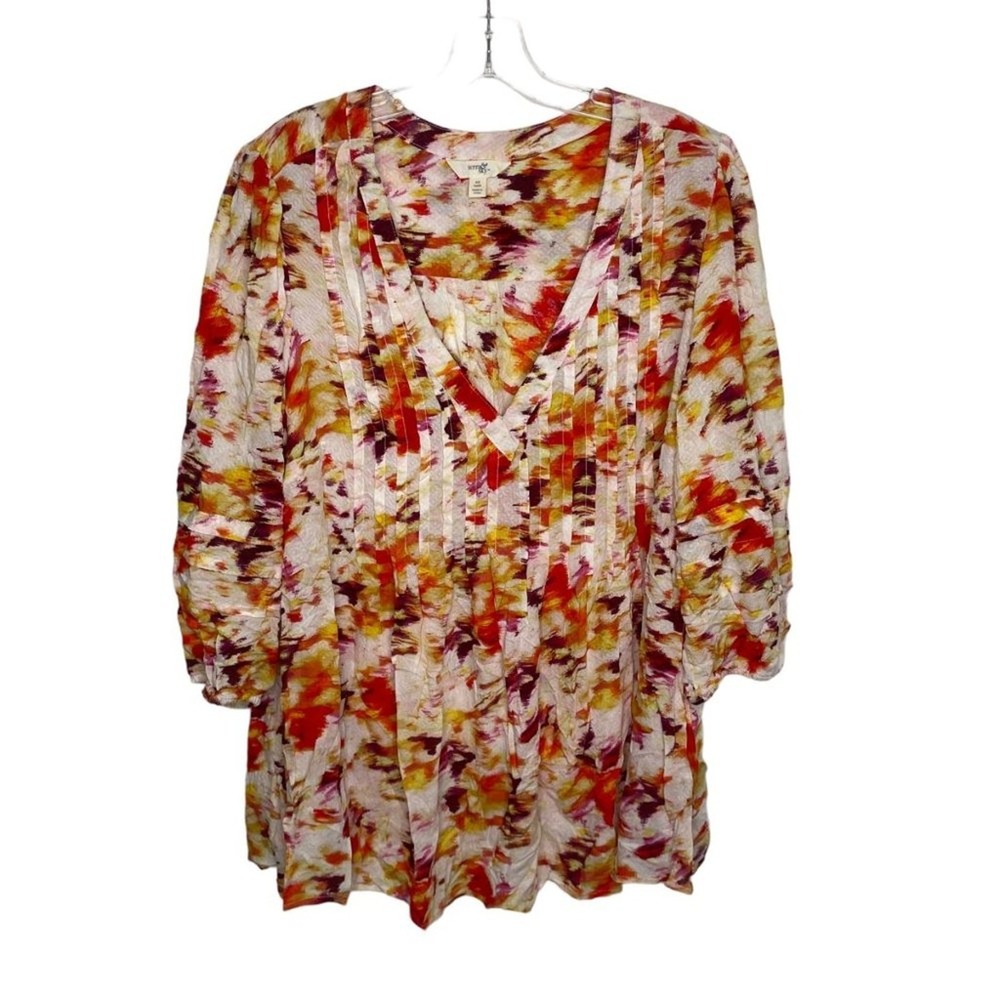 Terra & Sky Womens 0X 14W Abstract Print Pleated V-Neck 3/4 Sleeve Blouse Multi
